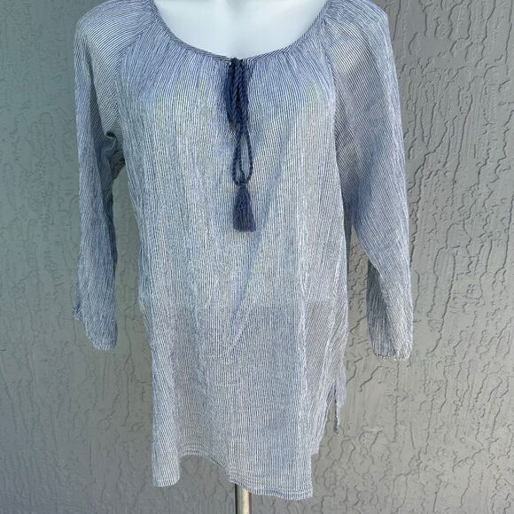 Tommy Bahama Gauze Peasant Blouse Blue/White Striped M EUC​ - Picture 1 of 5